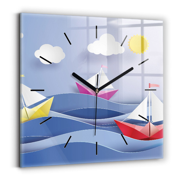 Square glass wall clock Origami colorful sailboats
