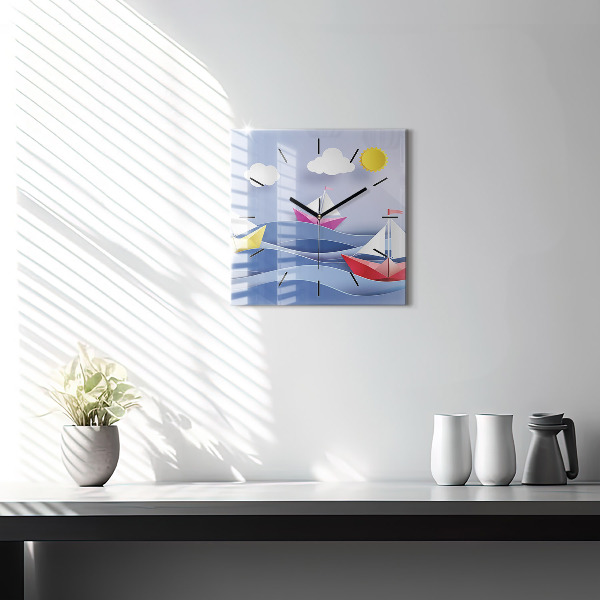 Square glass wall clock Origami colorful sailboats