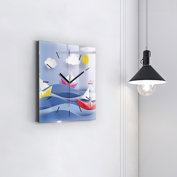 Square glass wall clock Origami colorful sailboats