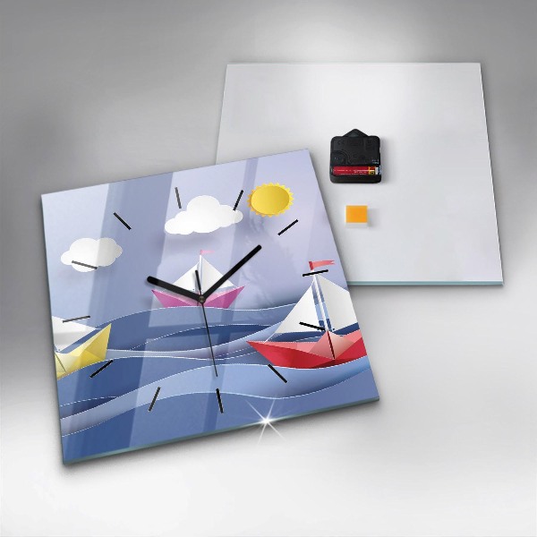 Square glass wall clock Origami colorful sailboats