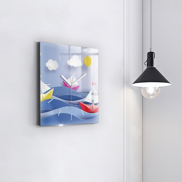 Square glass wall clock Origami colorful sailboats