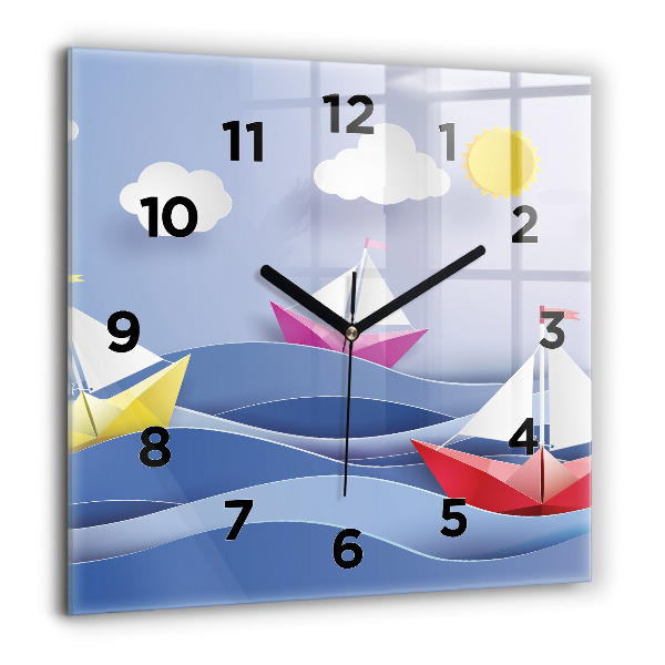 Square glass wall clock Origami colorful sailboats