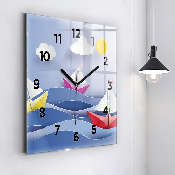 Square glass wall clock Origami colorful sailboats