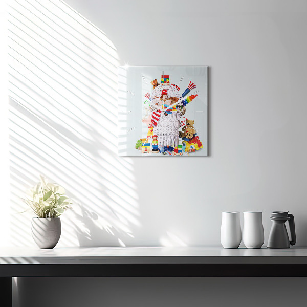 Square glass wall clock Wicker basket with toys