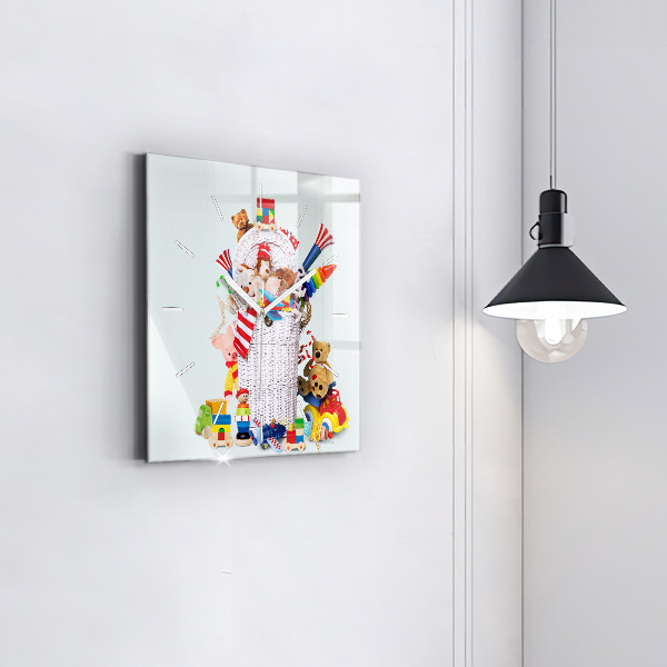 Square glass wall clock Wicker basket with toys