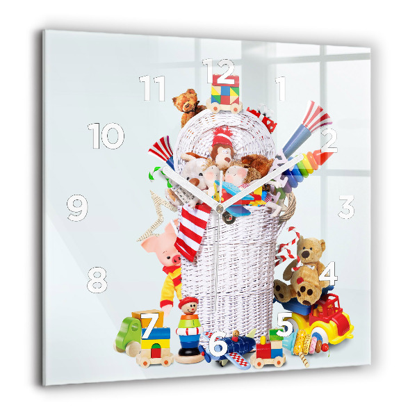 Square glass wall clock Wicker basket with toys