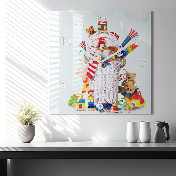 Square glass wall clock Wicker basket with toys