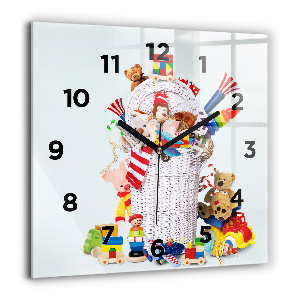 Square glass wall clock Wicker basket with toys