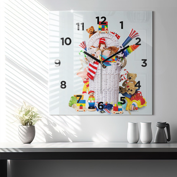 Square glass wall clock Wicker basket with toys