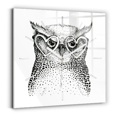 Square glass wall clock Drawn owl with glasses