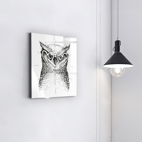 Square glass wall clock Drawn owl with glasses
