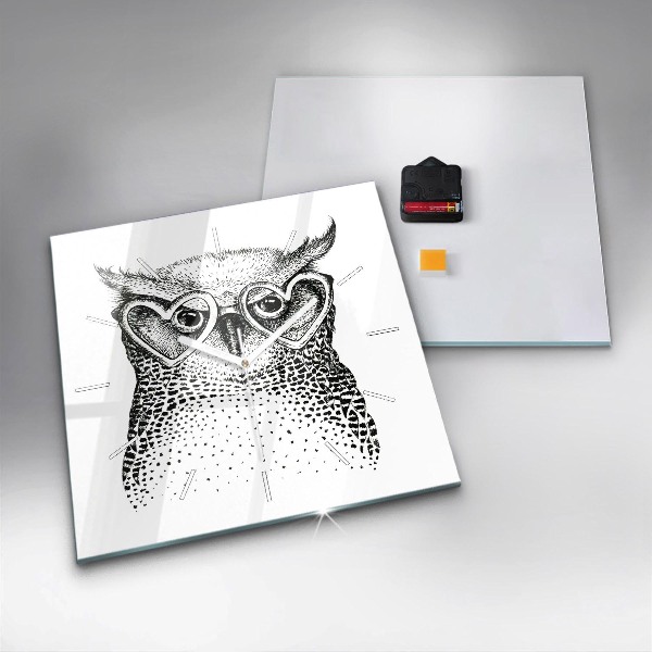 Square glass wall clock Drawn owl with glasses