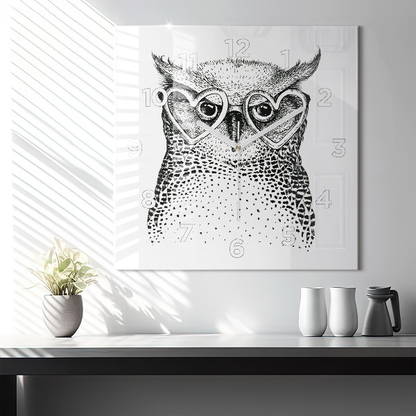 Square glass wall clock Drawn owl with glasses