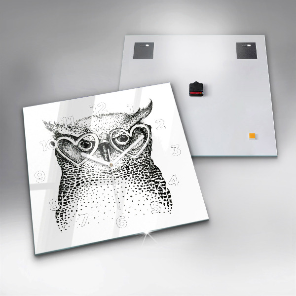 Square glass wall clock Drawn owl with glasses