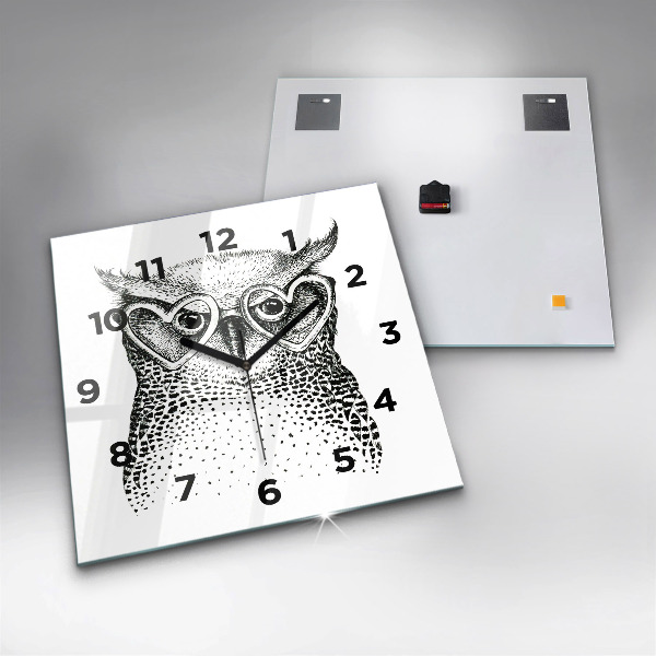 Square glass wall clock Drawn owl with glasses