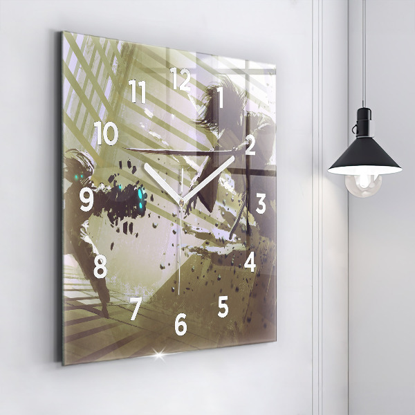 Square glass wall clock Robot vs Samurai Fight