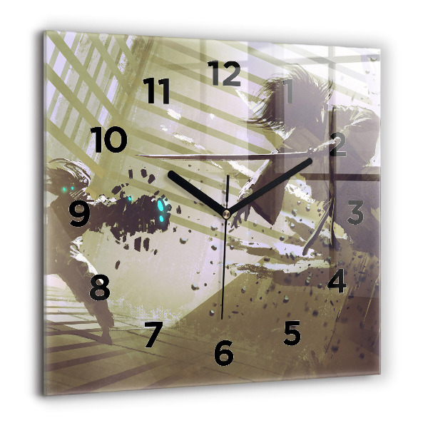 Square glass wall clock Robot vs Samurai Fight