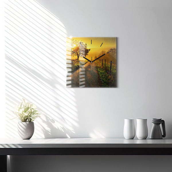 Square glass wall clock Fog at sunrise