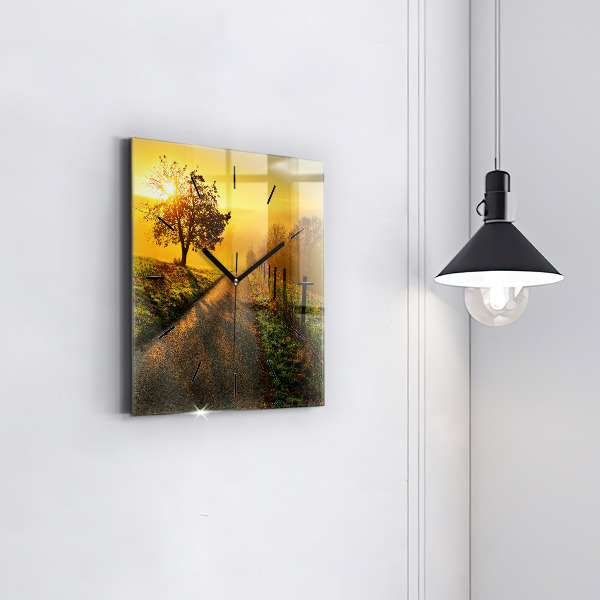 Square glass wall clock Fog at sunrise