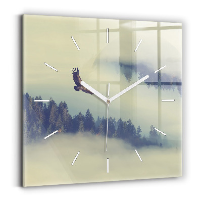 Square glass wall clock Misty forest eagle