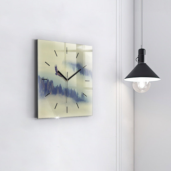 Square glass wall clock Misty forest eagle