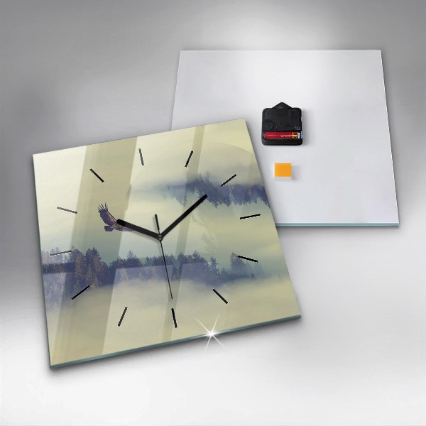 Square glass wall clock Misty forest eagle