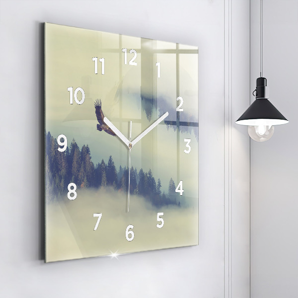 Square glass wall clock Misty forest eagle