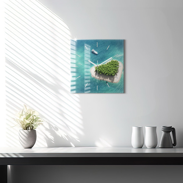 Square glass wall clock Heart Island