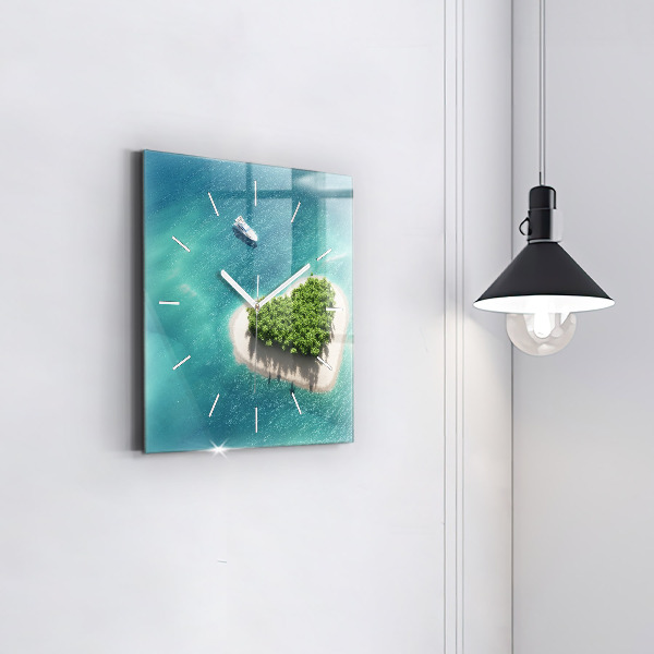 Square glass wall clock Heart Island