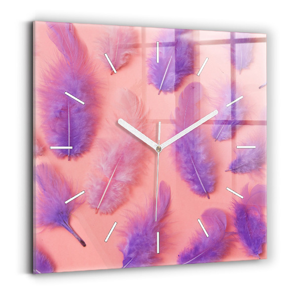 Square glass wall clock Colorful feathers