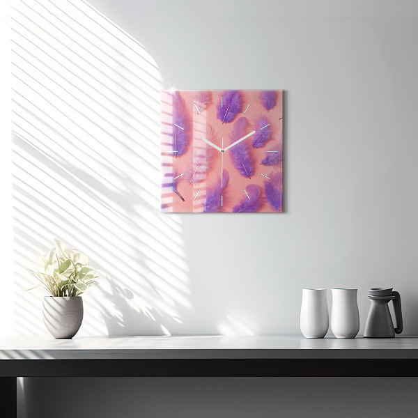 Square glass wall clock Colorful feathers
