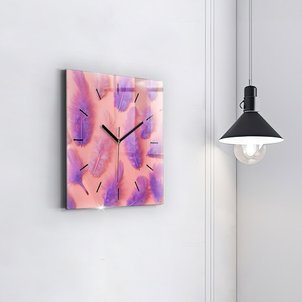 Square glass wall clock Colorful feathers