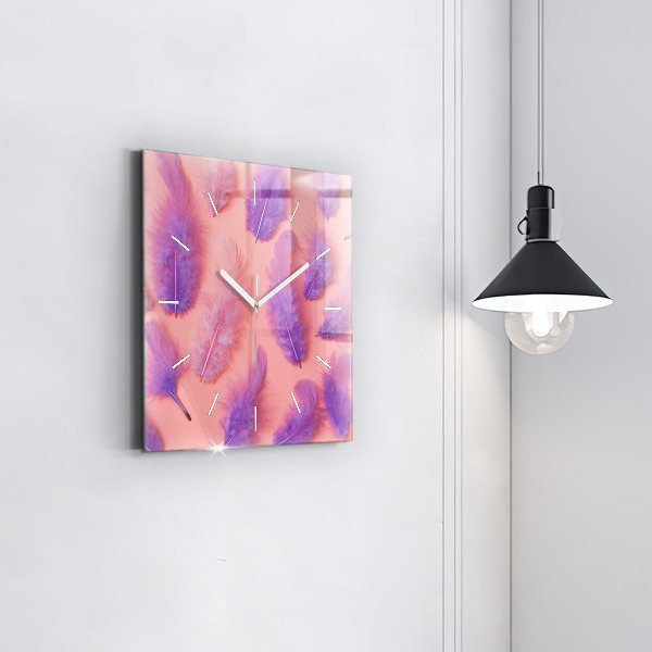 Square glass wall clock Colorful feathers