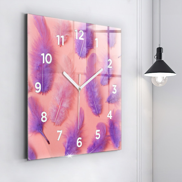 Square glass wall clock Colorful feathers