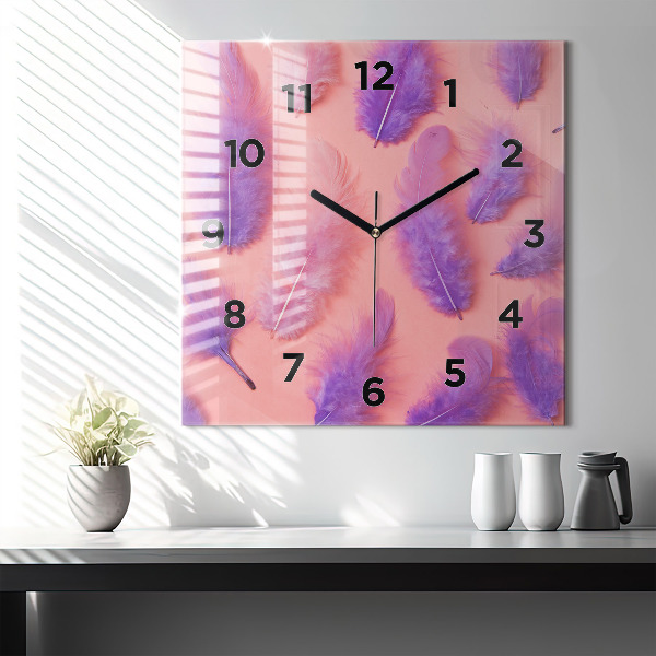 Square glass wall clock Colorful feathers