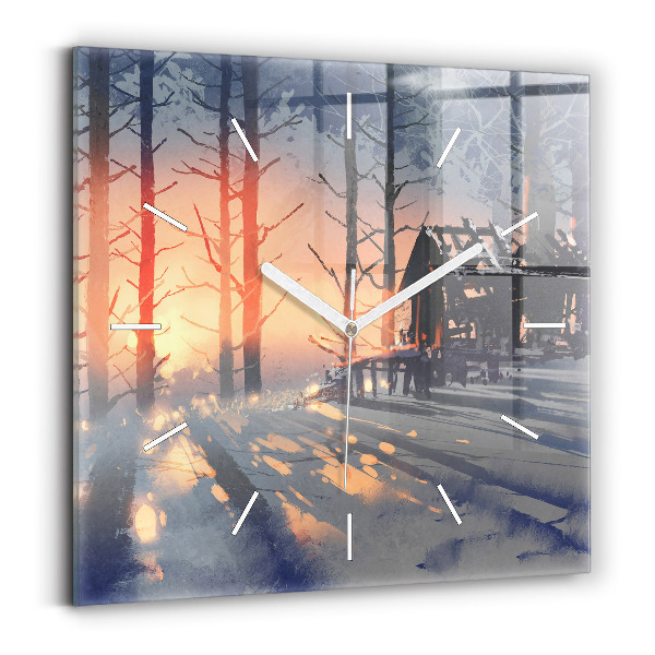 Square glass wall clock Winter Tree Landscape