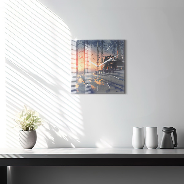 Square glass wall clock Winter Tree Landscape