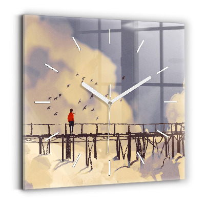 Square glass wall clock Man on the old bridge