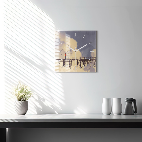 Square glass wall clock Man on the old bridge