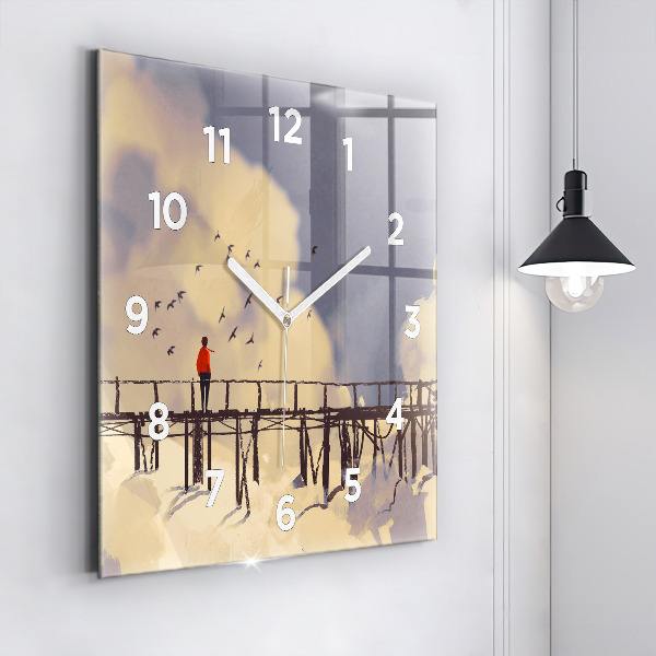 Square glass wall clock Man on the old bridge