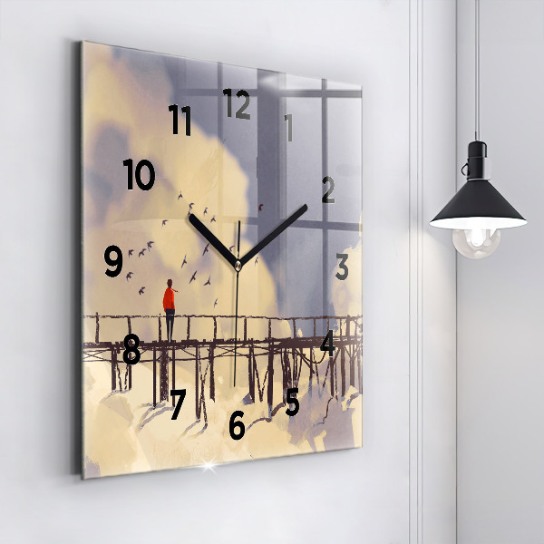 Square glass wall clock Man on the old bridge