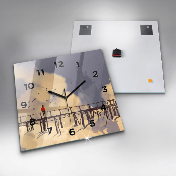 Square glass wall clock Man on the old bridge