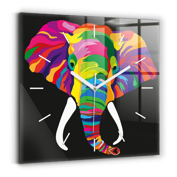 Square glass wall clock Colorful elephant