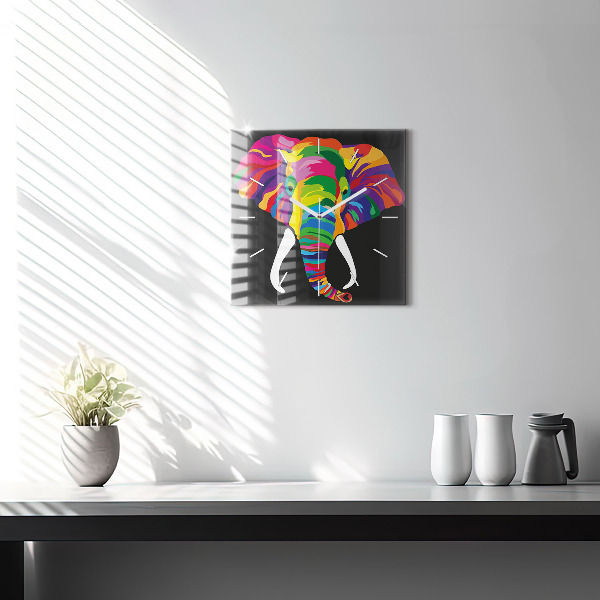 Square glass wall clock Colorful elephant