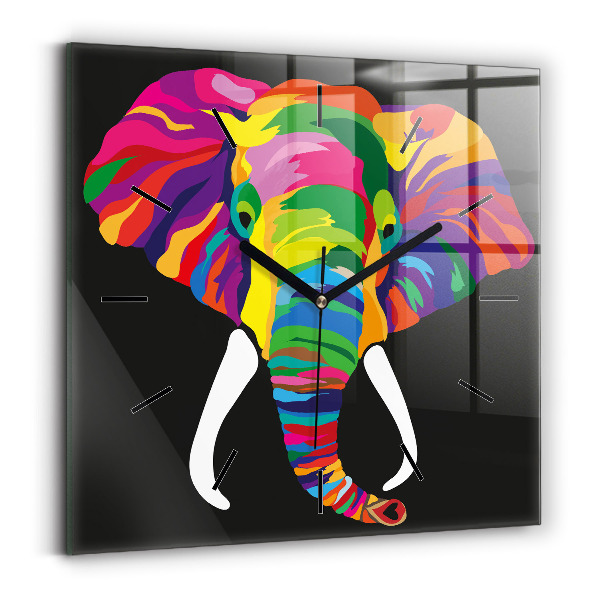 Square glass wall clock Colorful elephant