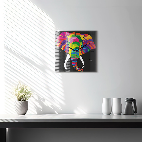 Square glass wall clock Colorful elephant