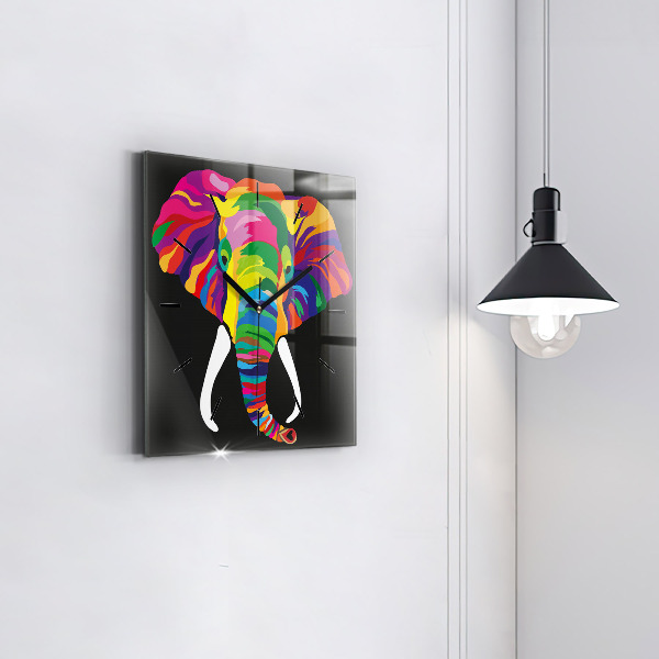 Square glass wall clock Colorful elephant