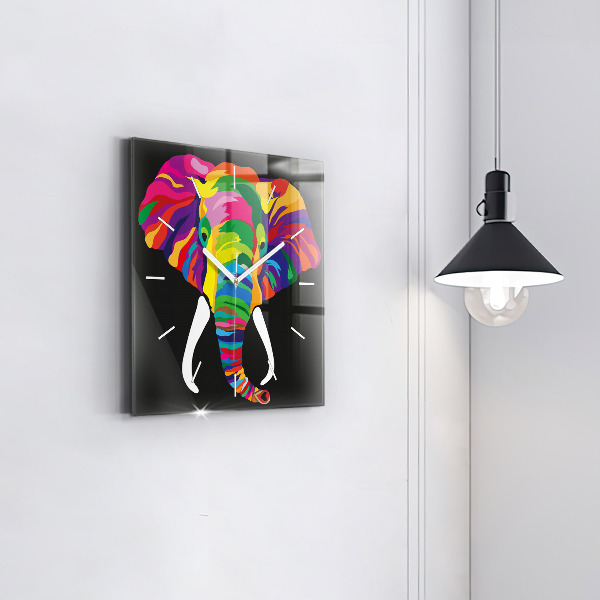 Square glass wall clock Colorful elephant