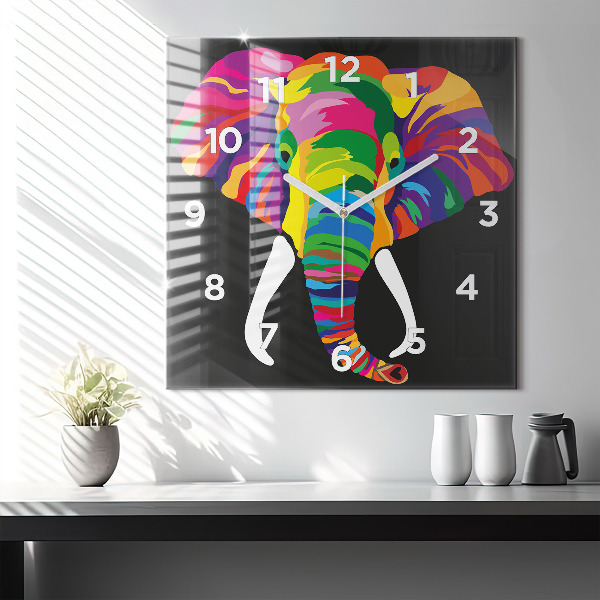 Square glass wall clock Colorful elephant