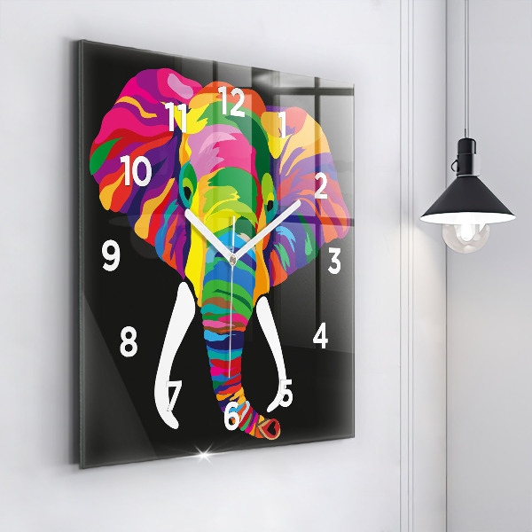 Square glass wall clock Colorful elephant